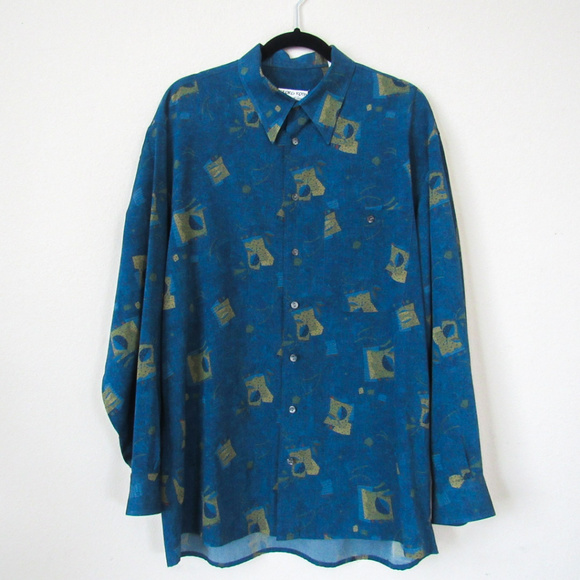 VINTAGE 80s Men's Artsy Printed Button Down Shirt - Picture 1 of 7